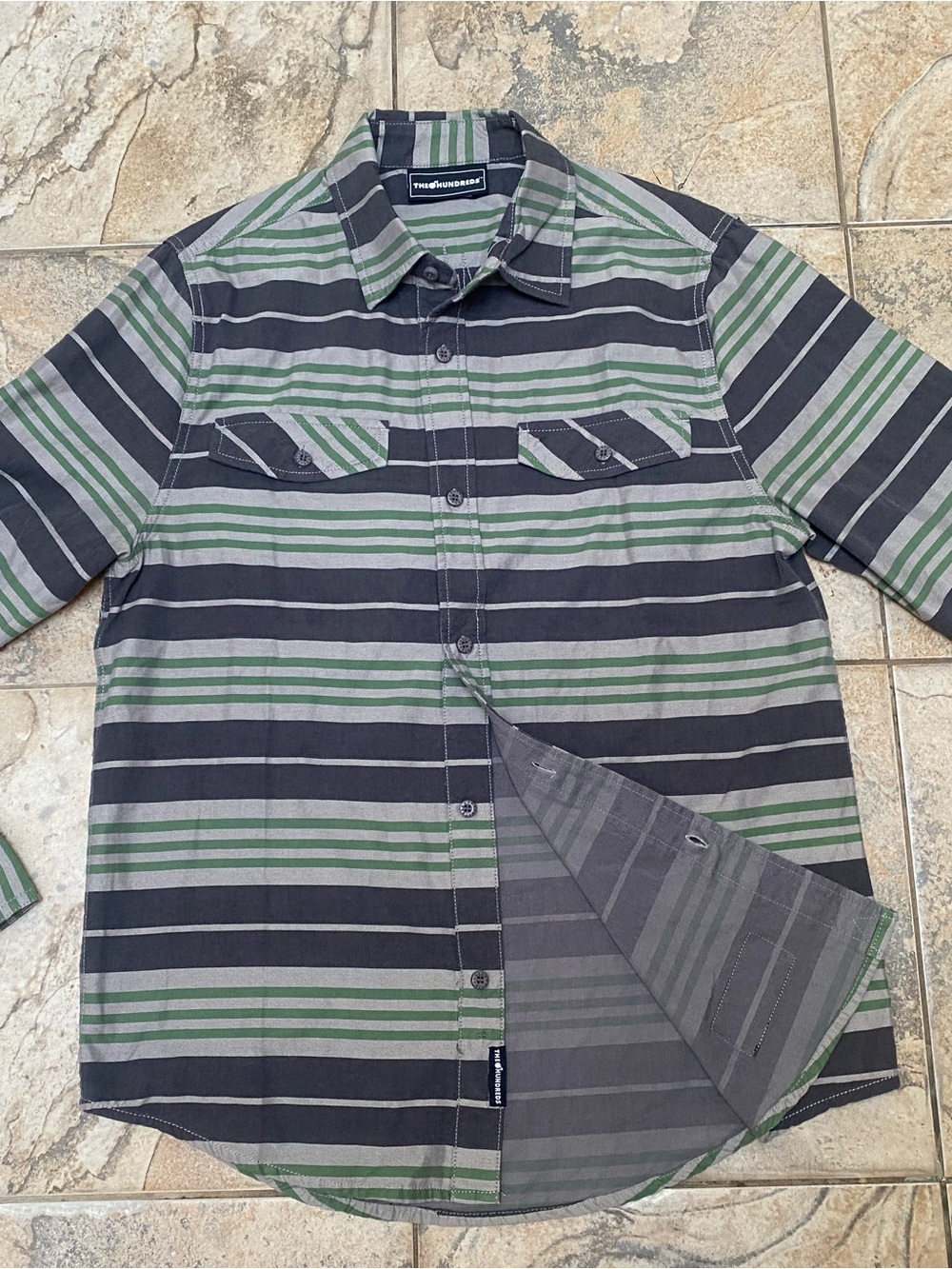 The Hundreds Menās Green & Black Striped Button-Up Shirt Size Medium